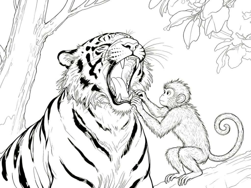 简笔画:虎口拔牙成语故事线稿图