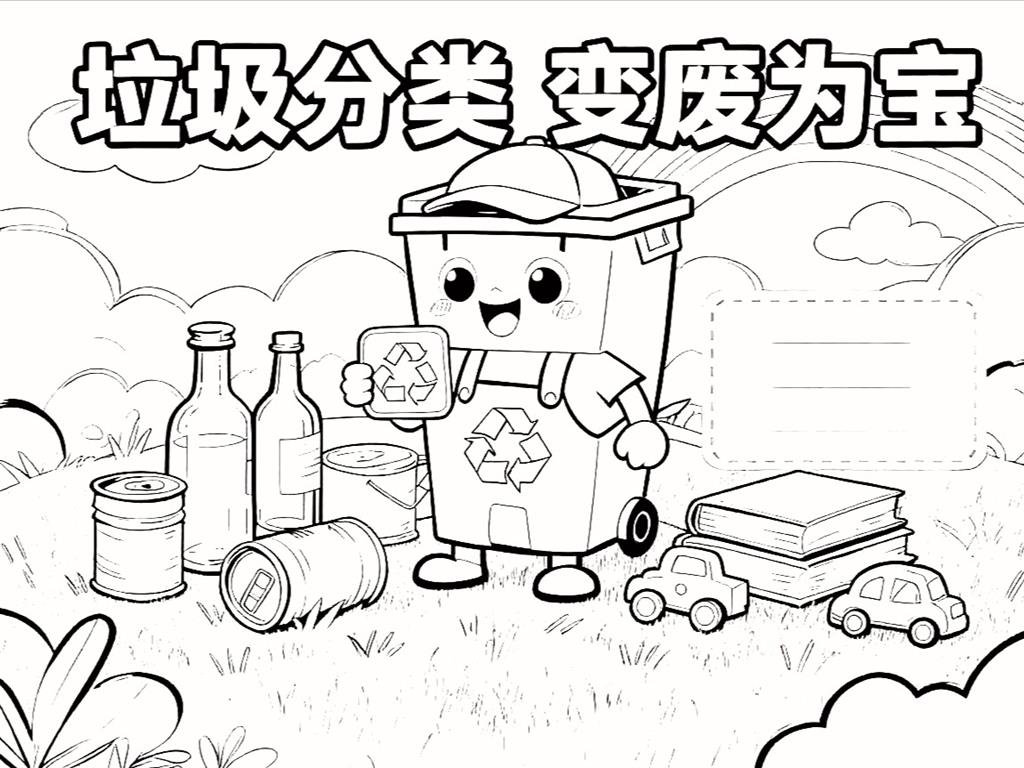 手抄报:垃圾分类，变废为宝线稿图