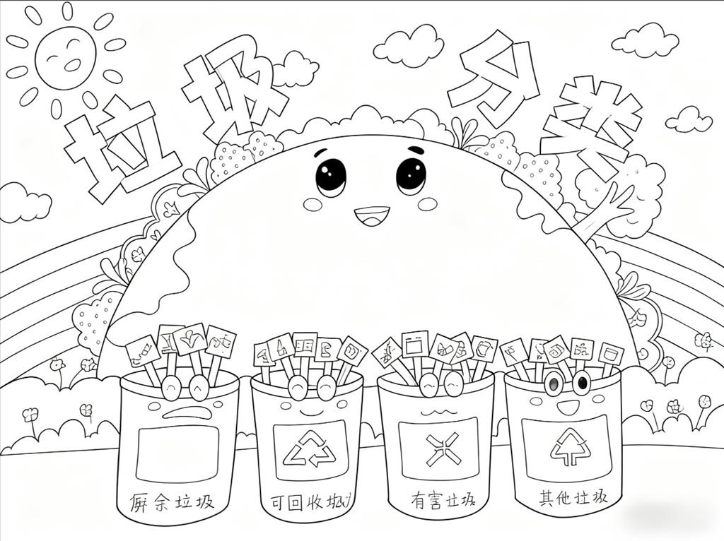 手抄报:垃圾分类背景图线稿图