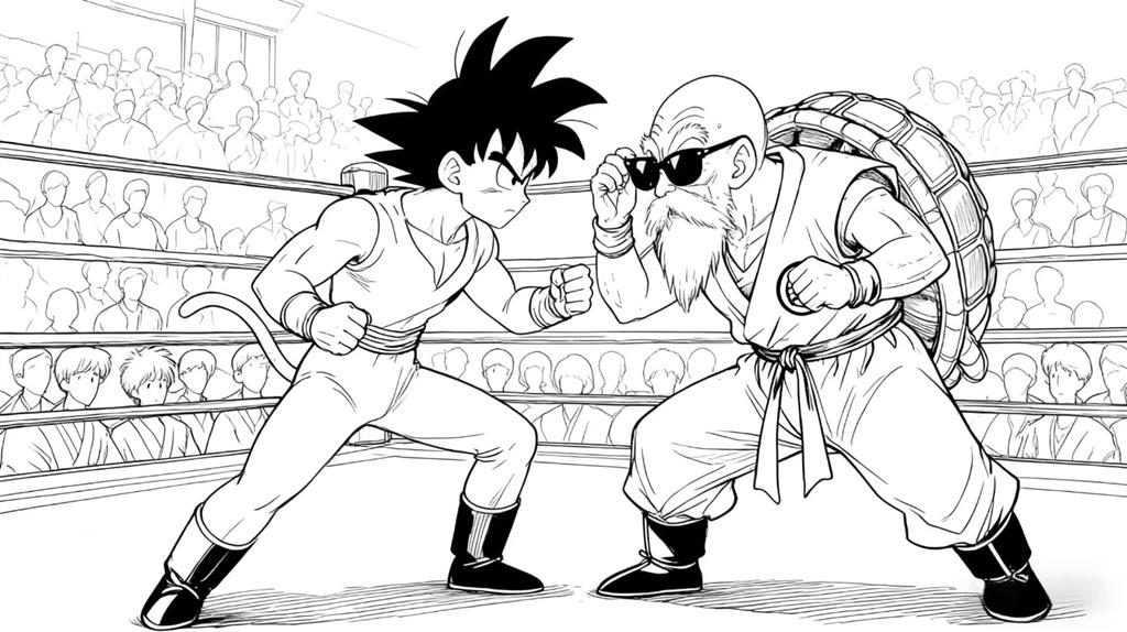 简笔画:孙悟天对战龟仙人线稿图