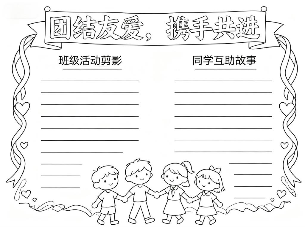 手抄报:班级手抄报团结友爱，携手共进线稿图