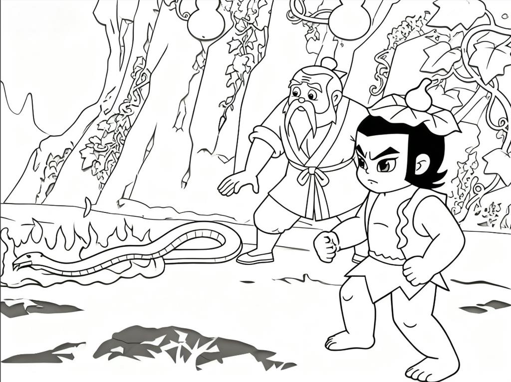 简笔画:葫芦娃火娃火烧蛇精线稿图