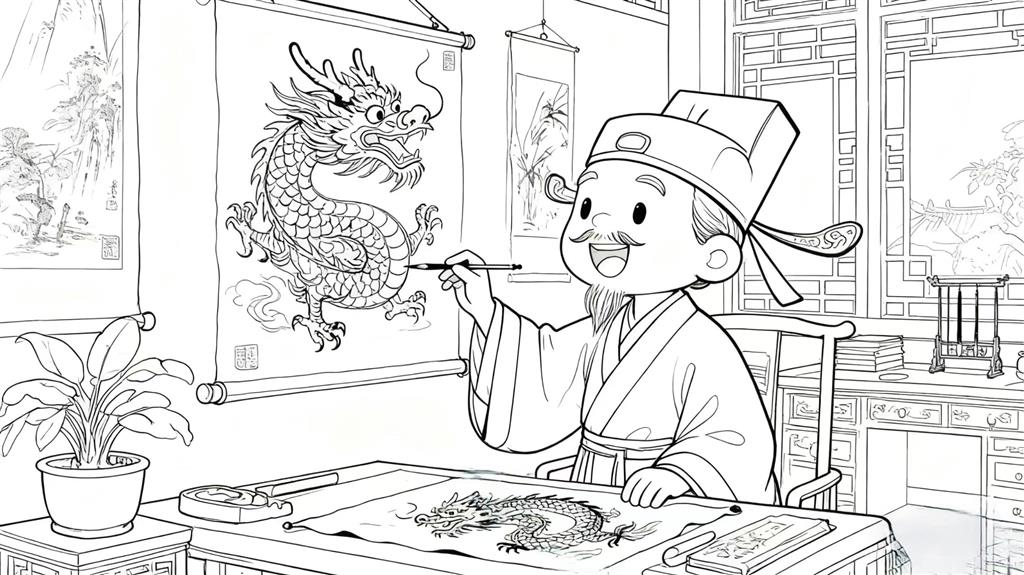 简笔画:叶公好龙线稿图