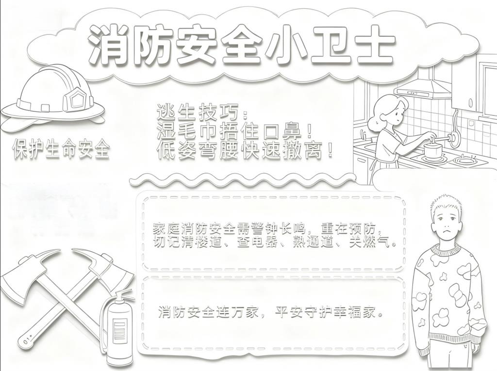 手抄报:消防安全小卫士手抄报图片线稿图