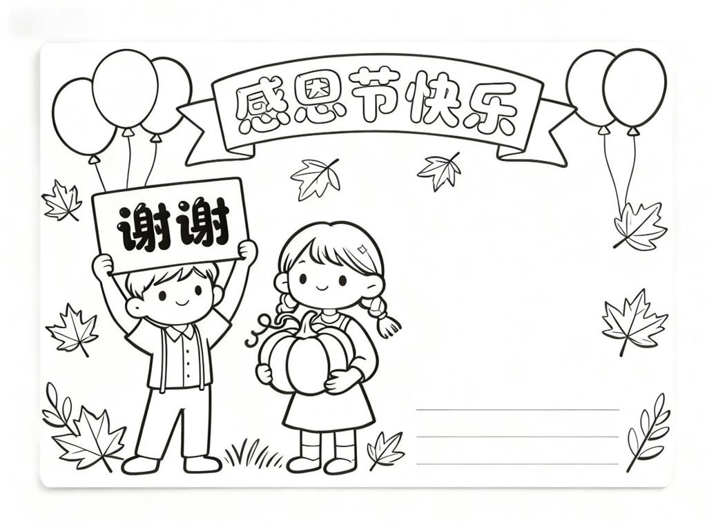 手抄报:感恩节有你贺卡手抄报线稿图