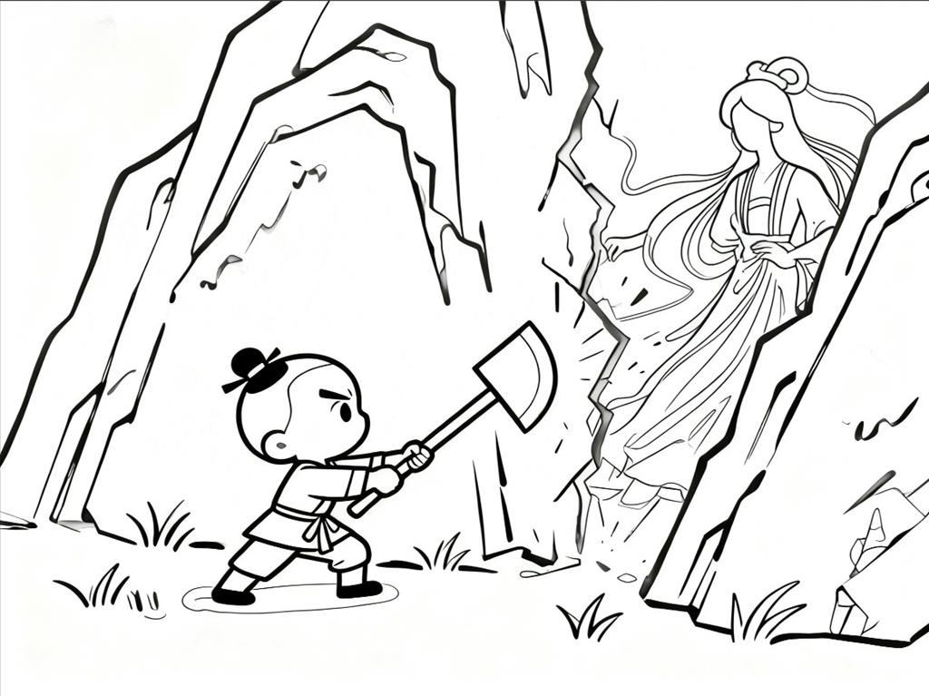 简笔画:沉香劈山救母简笔画图片线稿图