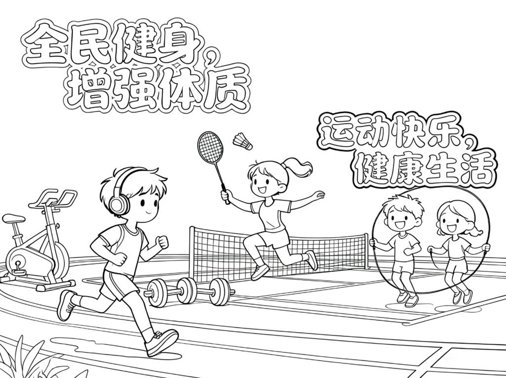手抄报:卡通全民健身手抄报线稿图