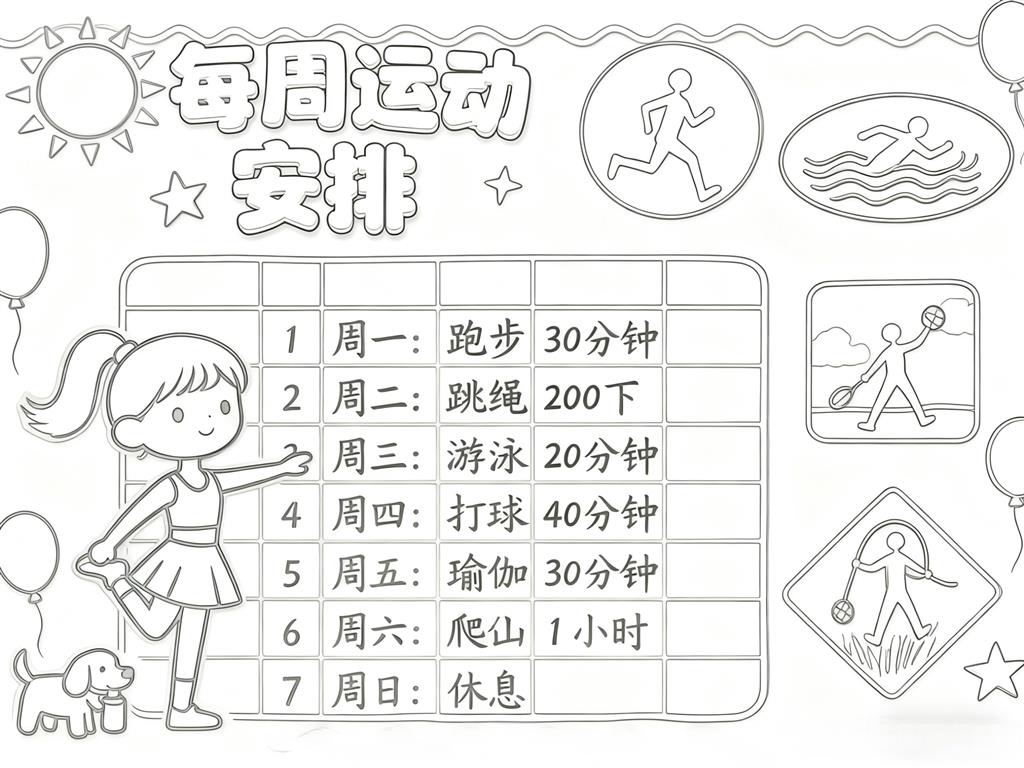 手抄报:运动计划表手抄报小报线稿图