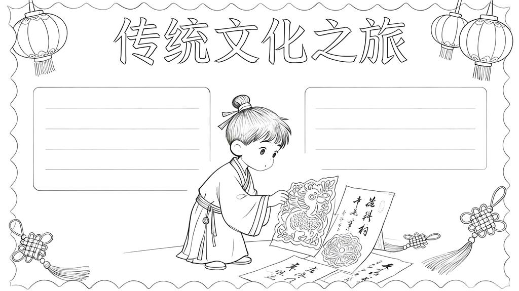 手抄报:传统文化之旅小报线稿图