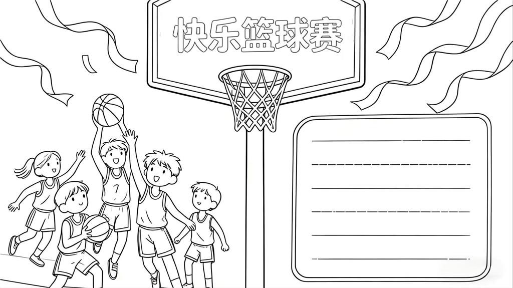 手抄报:快乐篮球场小报线稿图