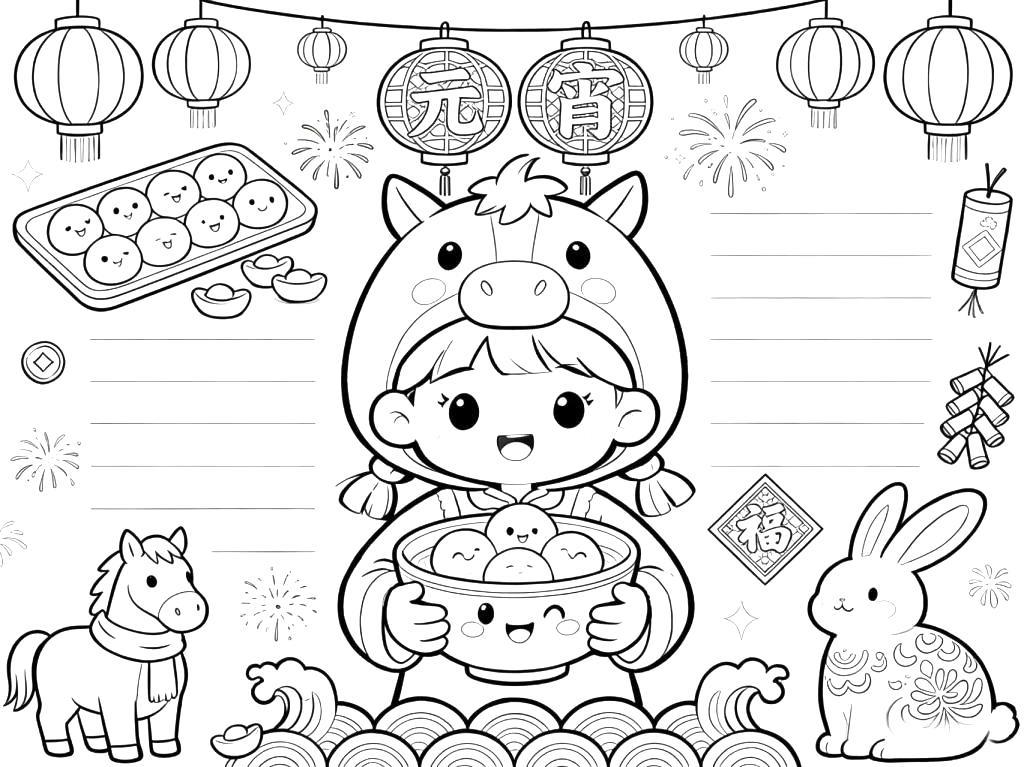 手抄报:2026年元宵节小报线稿图