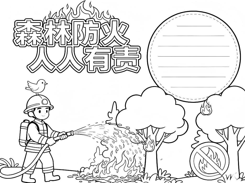 手抄报:森林防火 人人有责 卡通小报线稿图