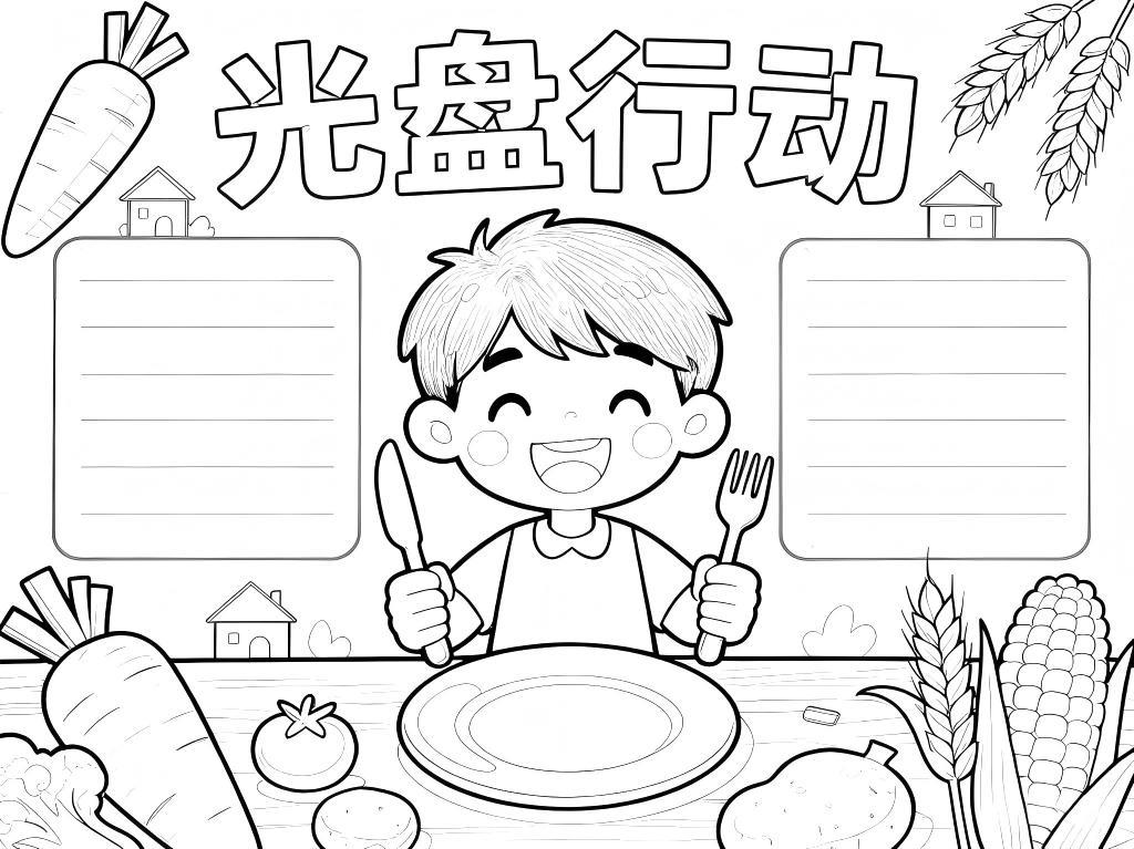 手抄报:卡通一年级光盘行动小报线稿图