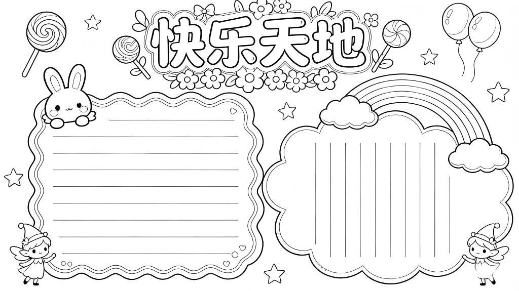 手抄报:二年级快乐天地 小报线稿图