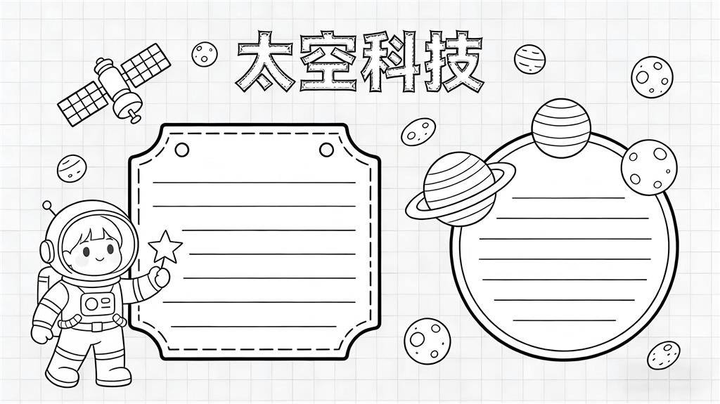 手抄报:卡通太空科技航天主题手抄报模板线稿图