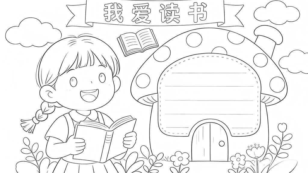手抄报:卡通蘑菇屋我爱读书手抄报模板线稿图