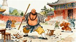 简笔画:鲁智深大闹五台山，不守清规戒律。