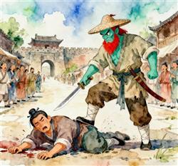 水彩画:水浒杨志卖宝刀遇到无赖