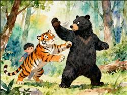 简笔画:老虎偷袭黑熊,反挨一巴掌