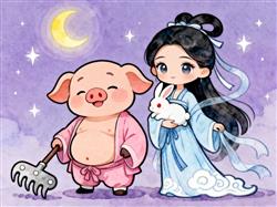 简笔画:猪八戒戏嫦娥和玉兔