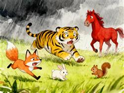 水彩画:狐假虎威成语