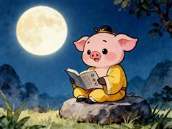 水彩画:古诗猪八戒读《静夜思》