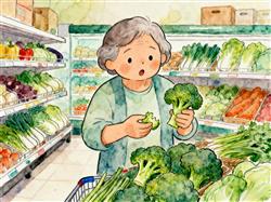 水彩画:大妈把更贵的西兰苔掰断谎称西兰花