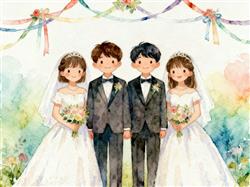水彩画:双胞胎兄弟同天迎娶双胞胎姐妹