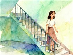 水彩画:女子遇反向折叠楼梯吓出一身冷汗