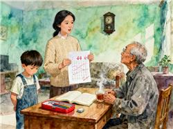 水彩画:孩子考44分爷爷请老师包涵