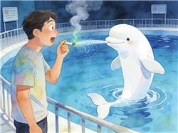 水彩画:男子海洋馆内抽烟被白鲸喷水浇灭