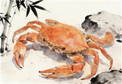 水彩画:螃蟹爬行泼墨水彩画
