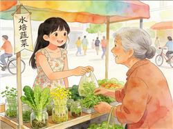 水彩画:00后女生摆摊卖水培蔬菜