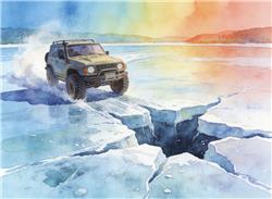 水彩画:越野车水库冰面练漂移 ，冰层突然破裂
