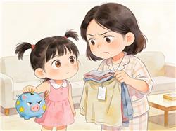 水彩画:妈妈嫌衣服贵想退货, 女儿拿出小金库