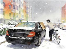 水彩画:雪天车窗忘关 路人用纸壳暖心遮挡