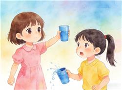 水彩画:女孩要水后“炫耀”被一旁女孩打翻