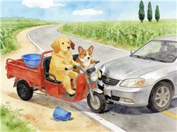 水彩画:两只狗开走主人三轮车撞上轿车