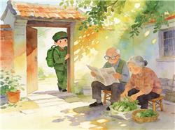 水彩画:放假当兵男生偷偷回家看望爷爷奶奶