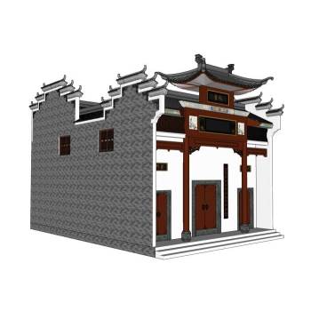 中式徽派祠堂建筑SU模型 SU模型下载