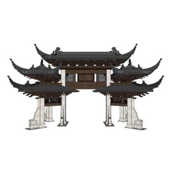 中式商业街门楼牌坊建筑SU模型 SU模型下载