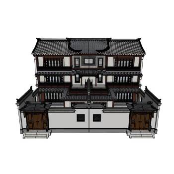 中式双拼别墅宅院建筑SU模型 SU模型下载
