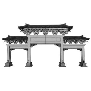 中式斗拱门楼牌坊建筑SU模型 SU模型下载