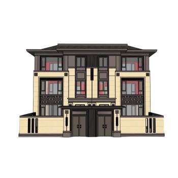 中式双拼别墅住宅建筑SU模型 SU模型下载