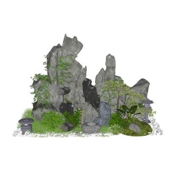 日式枯山水庭院假山石头景观SU模型 SU模型下载