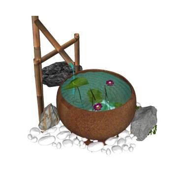 竹筒滴水莲缸惊鹿景观SU模型 SU模型下载