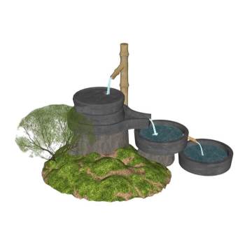 竹管滴水造景石磨小品景观SU模型 SU模型下载