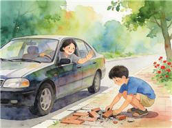 水彩画:车主暖心让路 男孩主动帮清理碎砖