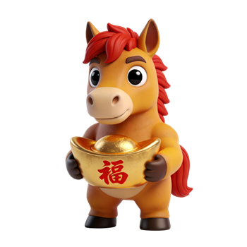 矢量图:马年小马形象抱金元宝C4D卡通新年