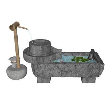 日式惊鹿添水石磨荷花池景观SU模型 SU模型下载